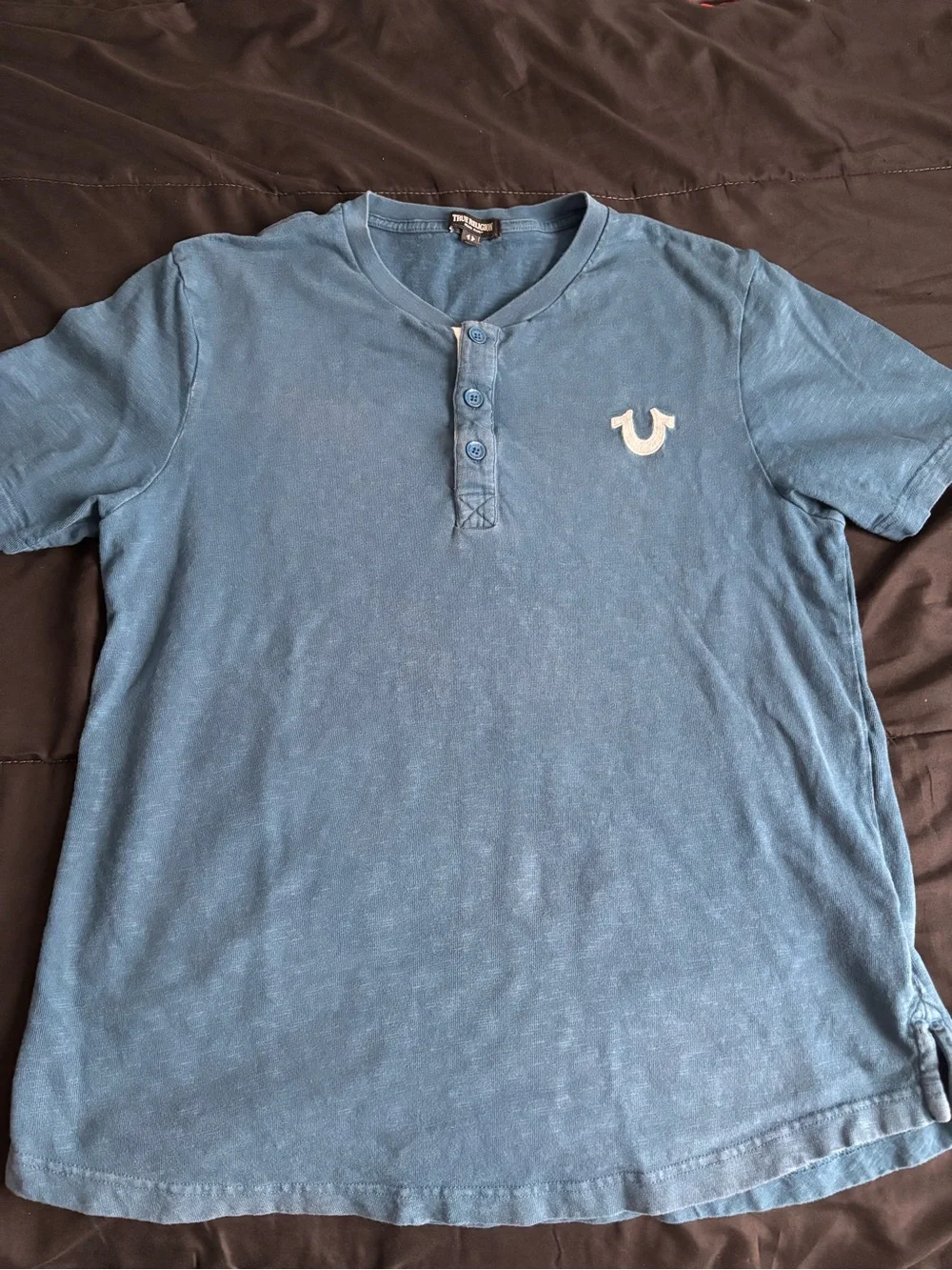 True Religion Light Blue Short-Sleeve Henley with White Horseshoe Logo